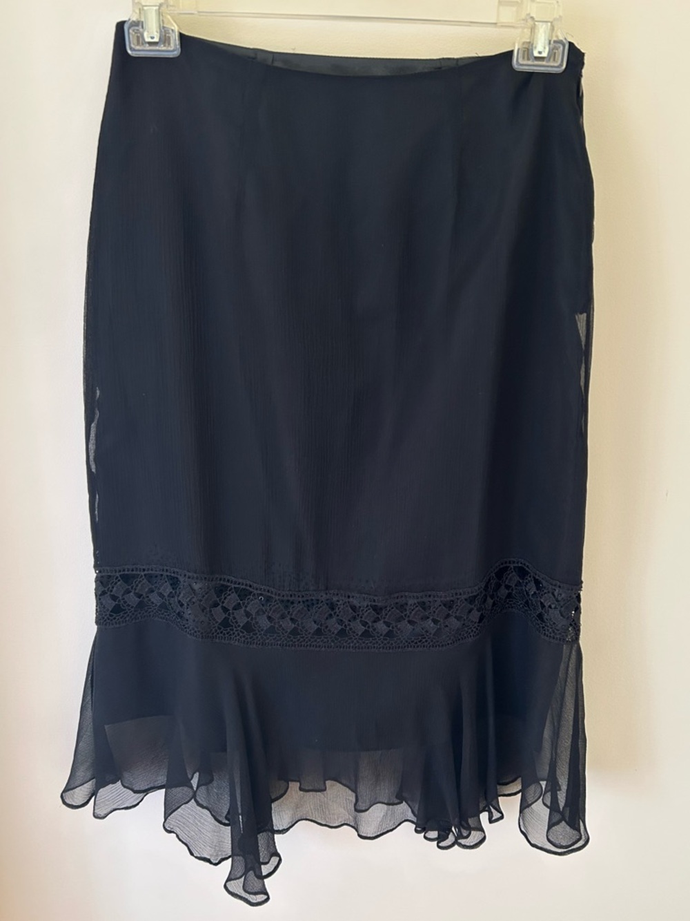 Vintage 90s Black Silk Midi Skirt with Crochet and Beaded Details 
Size: M 
GUC